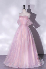 Pink Tulle and Sequins Sweetheart Long Party Dress, A-line Pink Prom Dress