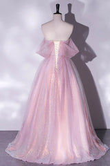 Pink Tulle and Sequins Sweetheart Long Party Dress, A-line Pink Prom Dress