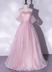 Pink Tulle and Sequins Sweetheart Long Party Dress, A-line Pink Prom Dress