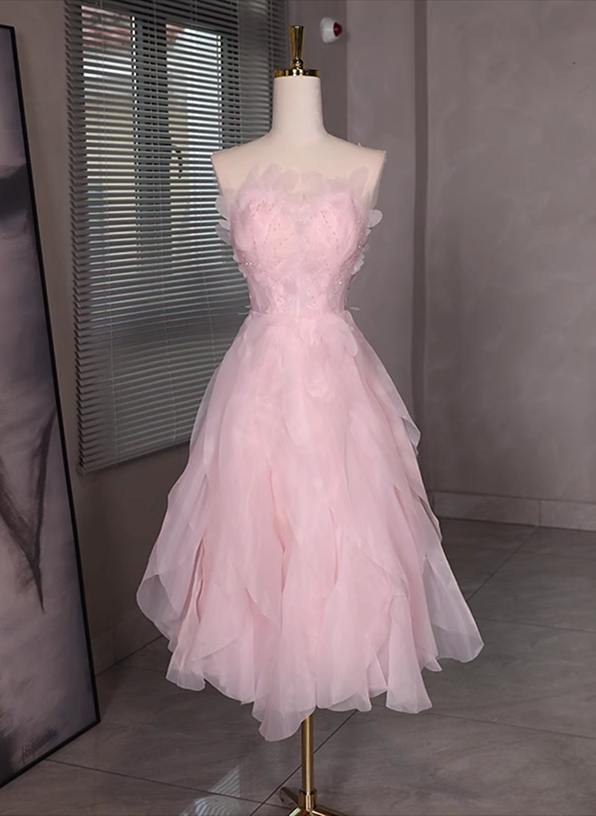 Pink Tulle Beaded Low Back Short Party Dress, Pink Tulle Homecoming Dress