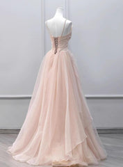 Pink Tulle Beaded Straps Long Prom Dress, A-line Pink Tulle Party Dress