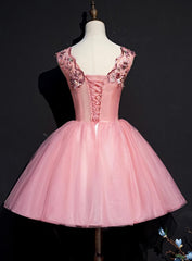 Pink Tulle Flowers Homecoming Dress, Short Pink Teen Formal Dress