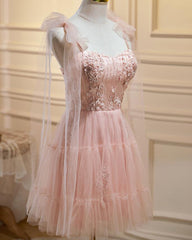 Pink Tulle Lace and Flowers Short Homecoming Dress, Cute Pink Party Dress