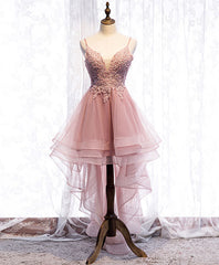 Pink Tulle Lace High Low Prom Dress, Pink Homecoming Dress