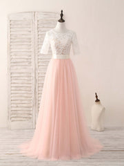 Pink Tulle Lace Long Prom Dress Pink Bridesmaid Dress