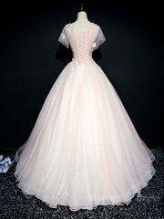 Pink tulle lace long prom dress, pink tulle lace evening dress