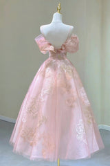 Pink Tulle Lace Short A-Line Prom Dress, Cute Off the Shoulder Party Dress