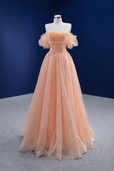 Pink Tulle Lace Strapless Prom Dress,  Pink A-Line Evening Party Dress