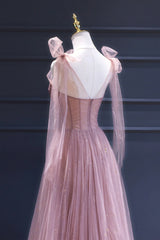 Pink Tulle Long A-Line Prom Dress, Pink Evening Dress with Corset