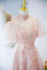 Pink Tulle Long A-Line Prom Dress, Pink Short Sleeve Evening Party Dress