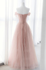 Pink Tulle Long A-Line Prom Dresses, Pink Evening Dresses with Bow