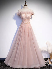 Pink Tulle Long Prom Dress, A line Pink Formal Graduation Dresses