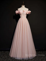 Pink tulle off shoulder long prom dress, pink tulle formal dress