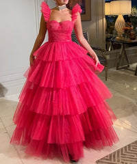 Pink tulle prom dresses long evening dress