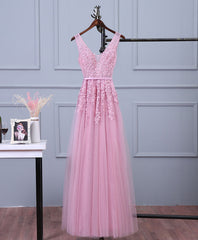 Pink V Neck Lace Tulle Long Prom Dress, Lace Evening Dresses