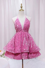 Pink V-Neck Sequins Short Prom Dress, Pink A-Line Backless Party Dress