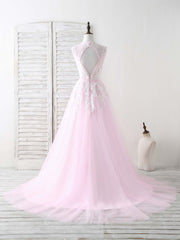 Pink V Neck Tulle Lace Applique Long Prom Dress Pink Evening Dress