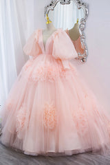 Pink V-Neck Tulle Long Prom Dress, A-Line Puff Sleeve Princess Dress