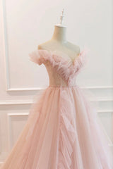 Pink V-Neck Tulle Long Prom Dress, Off the Shoulder Evening Graduation Dress