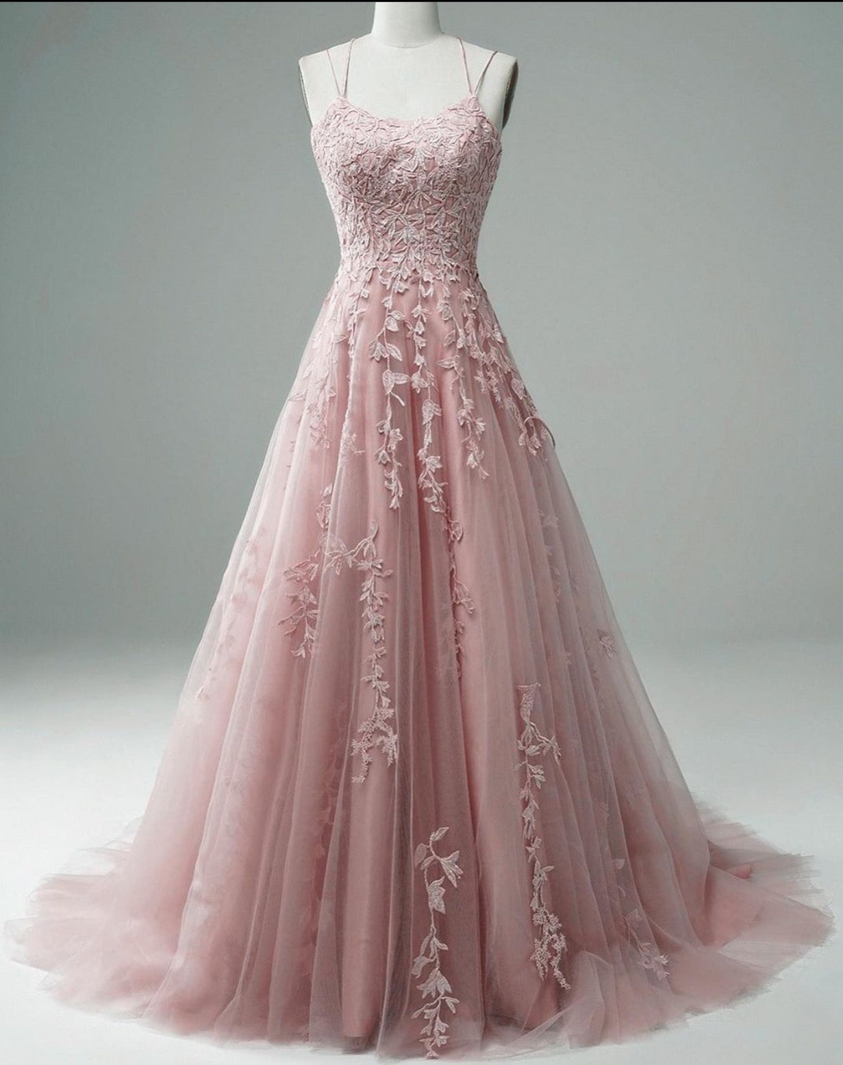 Pink Lace Applique A Line Elegant Spaghetti Straps Prom Dress