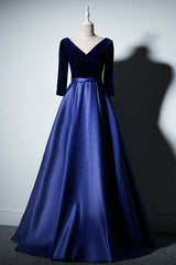 Pretty Royal Blue Long Sleeves Satin with Velvet Party Dress, A-line Long Prom Dress