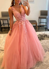 Princess A Line V Neck Sleeveless Sweep Train Tulle Prom Dress With Appliqued Beading