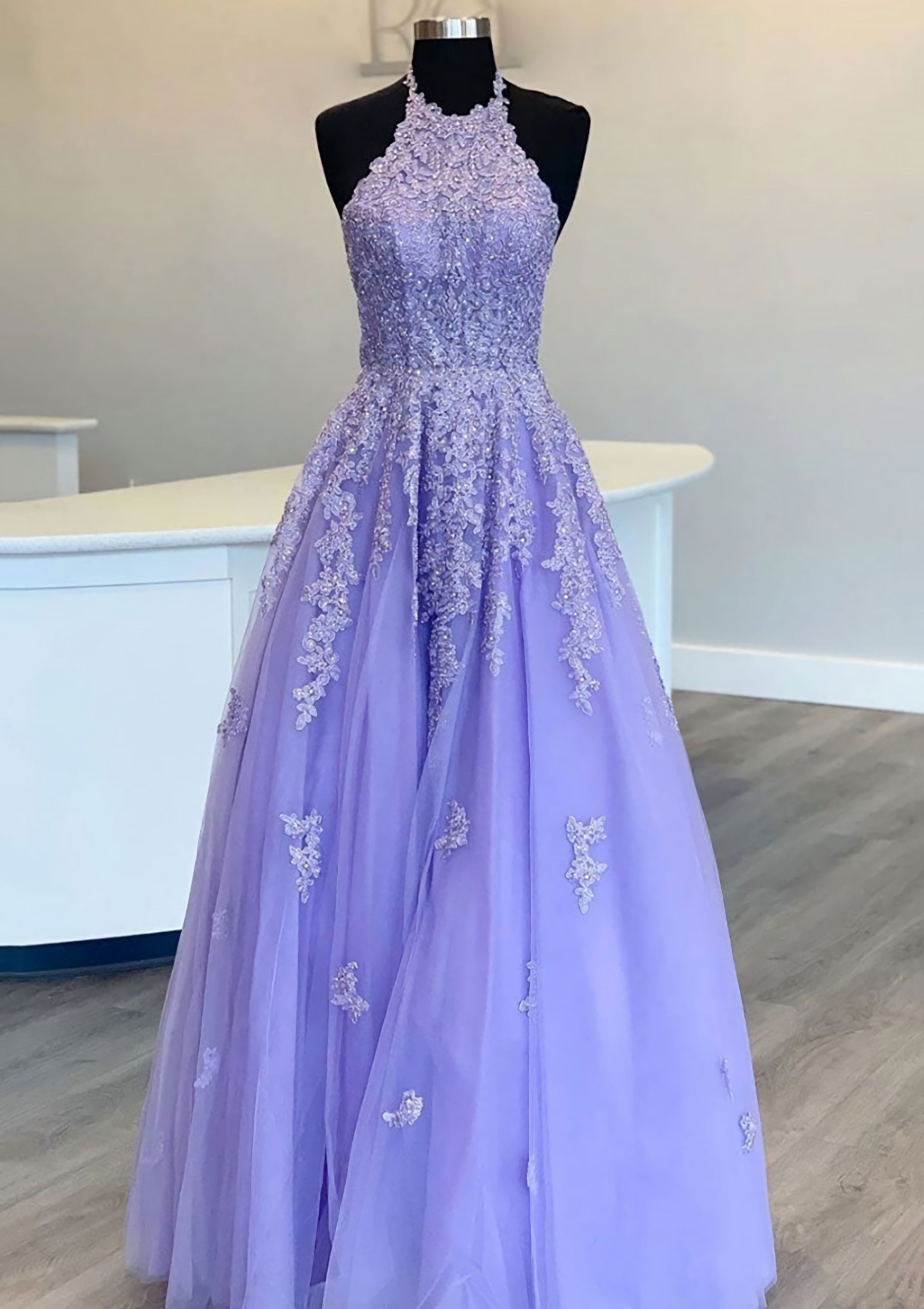 Princess Halter Long Floor Length Lace Tulle Prom Dress With Appliqued Beading