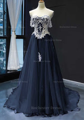 Princess Off The Shoulder Sweep Train Tulle Satin Prom Dress With Appliqued