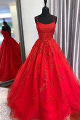 Princess Straps Long Prom Dress with Lace Appliques,Evening Gowns