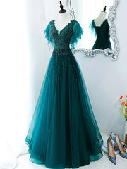 Green Prom Dresses, V Neck Tulle Sequin Beads Long Prom Dress Hand Made Evening Dress