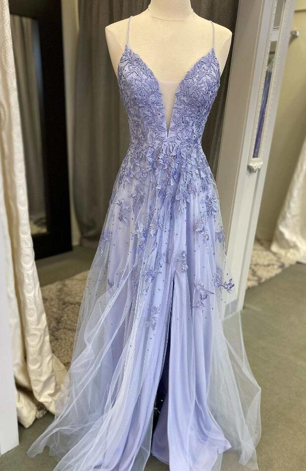 A-line Floral Lace V Neck Prom Dress With Slit