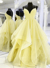 Light Yellow Tulle Straps Long Prom Gown, Lace-Up Tulle Evening Dresses