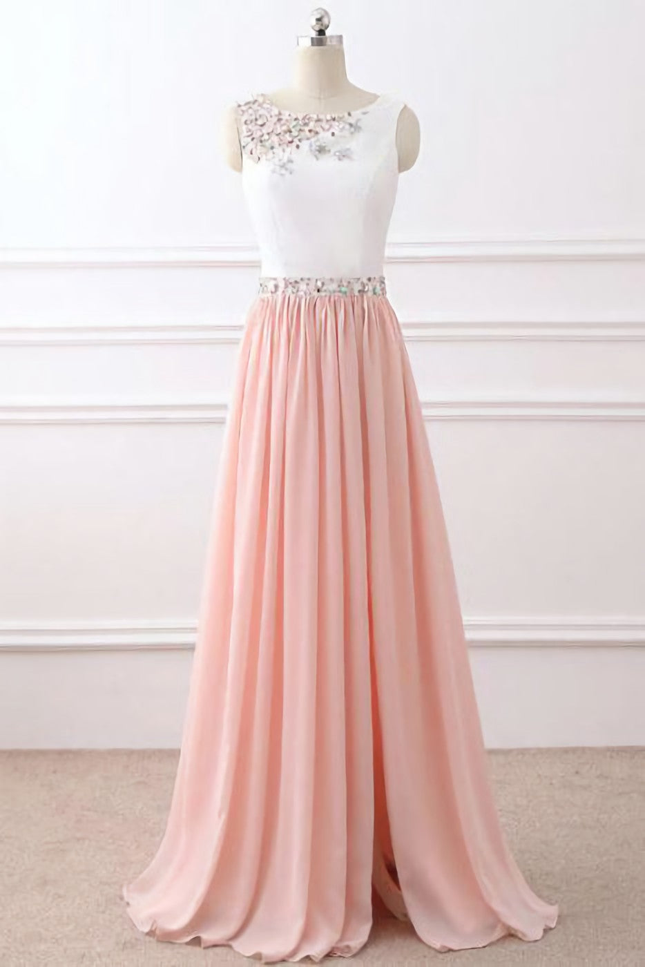 Chic A Line Chiffon Pink Beading Long Sleeveless Prom Dresses