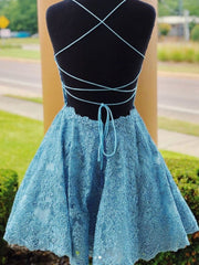 A Line Backless Lace Blue Short Prom Dresses, Homecoming Dresses, Backless Blue Lace Formal Graduation Evening Dresses