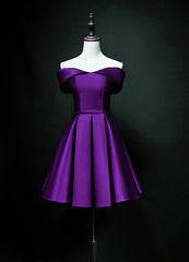 Cute Short Sweetheart Satin Off Shoulder Purple Short Prom Dresses