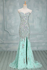 High Quality Mermaid Rhinestones Long Sexy Sweetheart Front Split Mint Chiffon Trumpet 2024 Prom Dresses