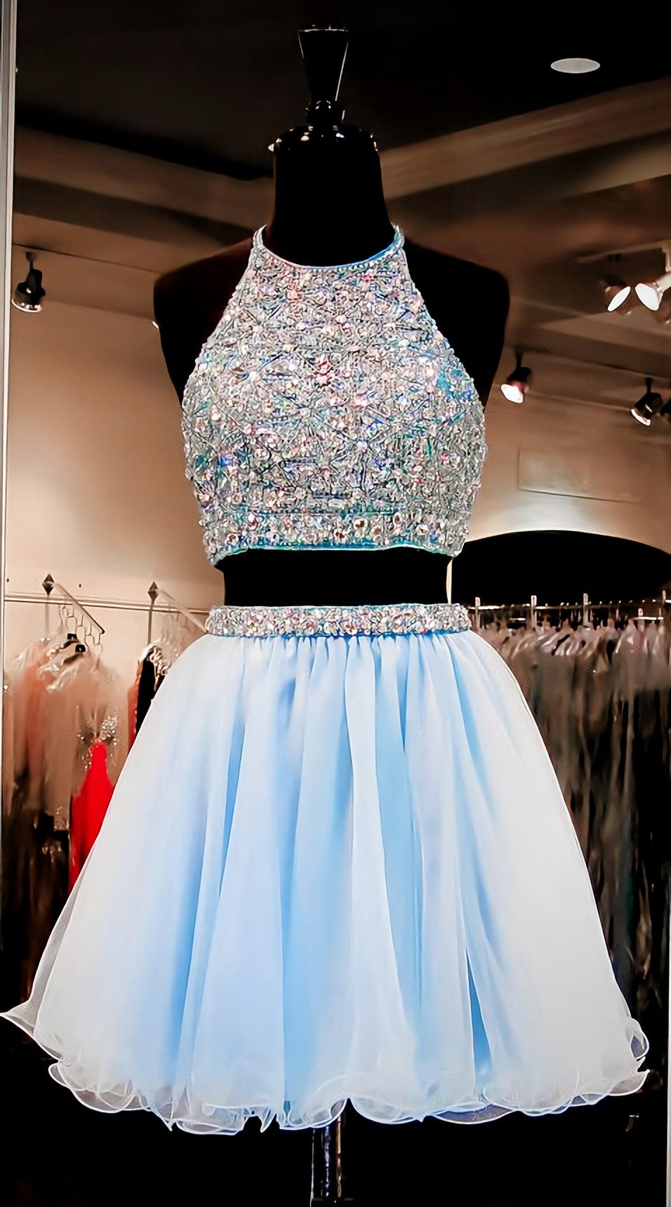 Two Pieces Light Blue Short High Neck Open Back Rhinestones Mid Section Sky Blue Prom Dresses