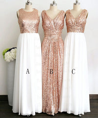 Rose Gold Sequin White Chiffon V Neck Sexy Long Elegant Simple Prom Dresses