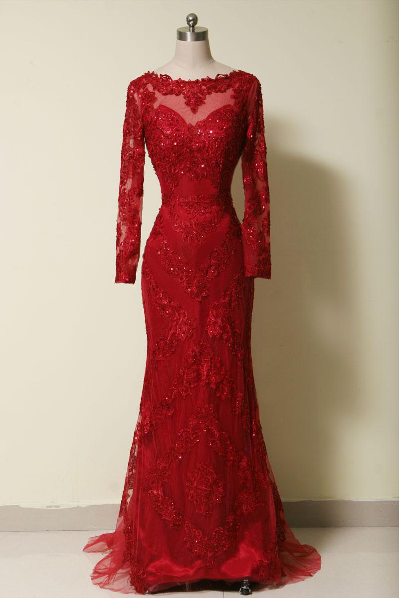 Elegant Long Sleeves Red Lace Mermaid Prom Dress, 2024 Party Dress, Evening Dress, 2024