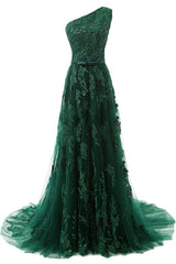 Forest Green Lace Appliques Tulle Floor Length Prom Dress, Featuring One Shoulder Bodice With Bow Accent Belt