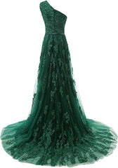 Forest Green Lace Appliques Tulle Floor Length Prom Dress, Featuring One Shoulder Bodice With Bow Accent Belt