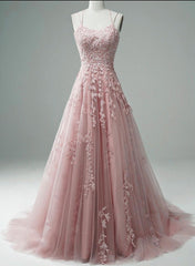 Pink Scoop Tulle Straps With Lace Long Prom Dress, Pink A-Line Formal Dress