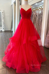 Puffy Red Tulle V Neck Long Prom Dresses, V Neck Red Formal Dresses, Red Evening Dresses