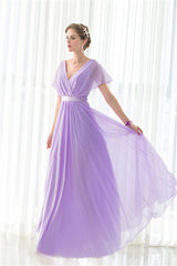 Purple Chiffon V-neck Backless Pleats Long Bridesmaid Dresses