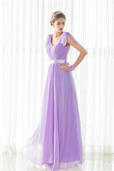 Purple Chiffon V-neck Backless Pleats Long Bridesmaid Dresses