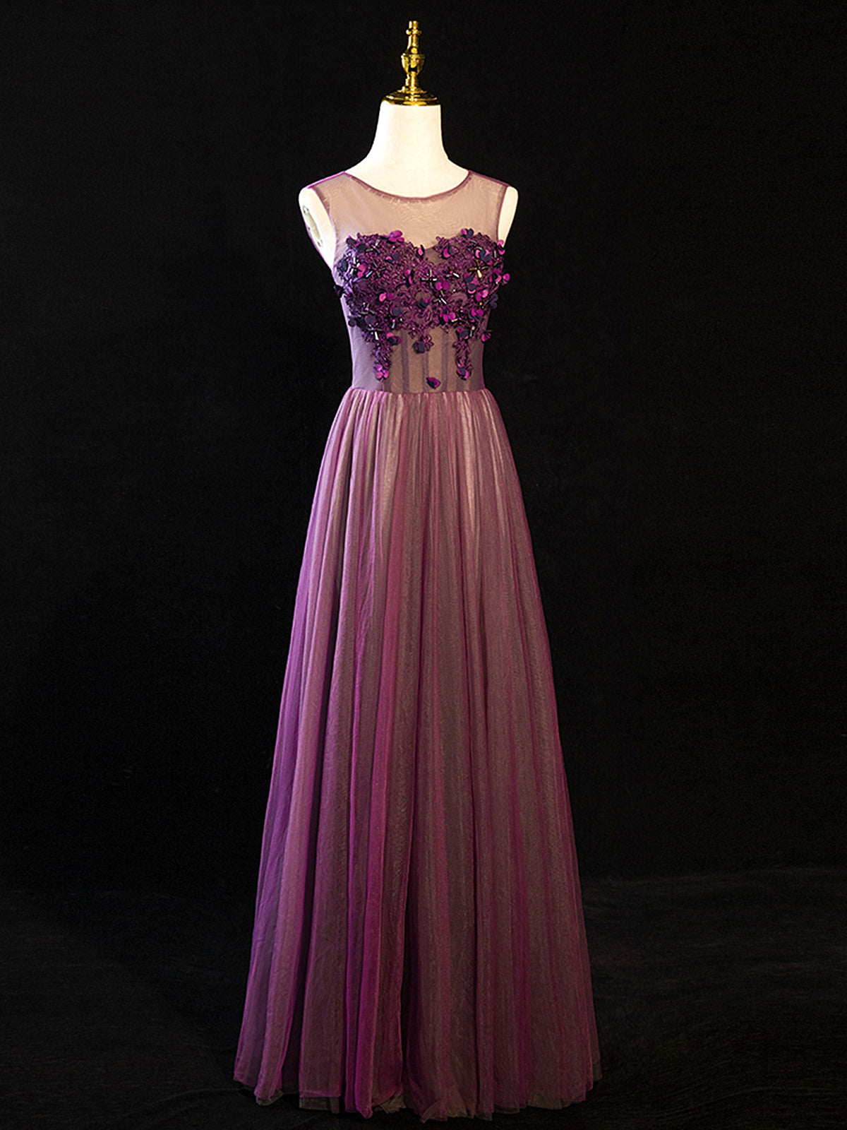 Purple Floral Long Lace Prom Dresses, Purple Floral Long Lace Formal Evening Dresses