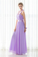 Purple Halter Chiffon Backless Pleats Long Bridesmaid Dresses