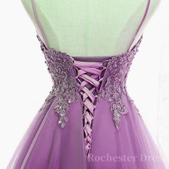 Purple High Low Lace Prom Dresses, Light Purple High Low Lace Formal Homecoming Dresses