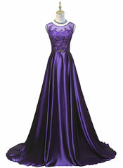 Purple Long Round Neckline Prom Dress, Satin Wedding Party Dress