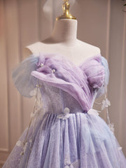 Purple Off Shoulder  Tulle Short Prom Dress, Purple Homecoming Dress